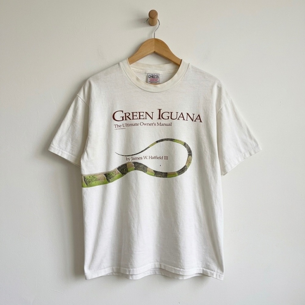 1992 Green Iguana Owners Manual T Shirt XL Oneita White James Hatfield STAINED